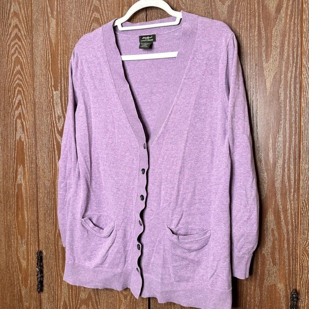 Eddie Bauer Womens Purple Cotton Cashmere V-Neck Button Cardigan Sweater Large - Picture 5 of 8